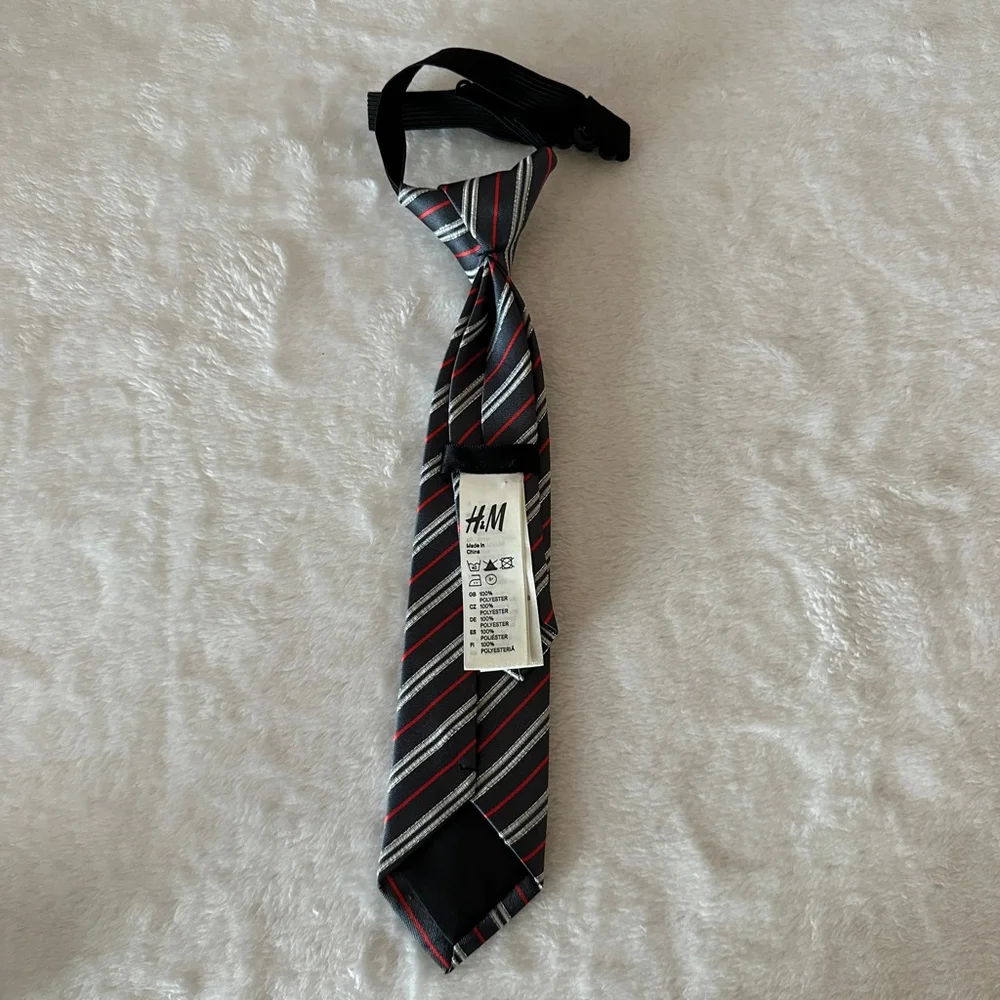H&M Boys Black Red Striped Tie Polyester 9 inches Pre-Tied Neck Strap